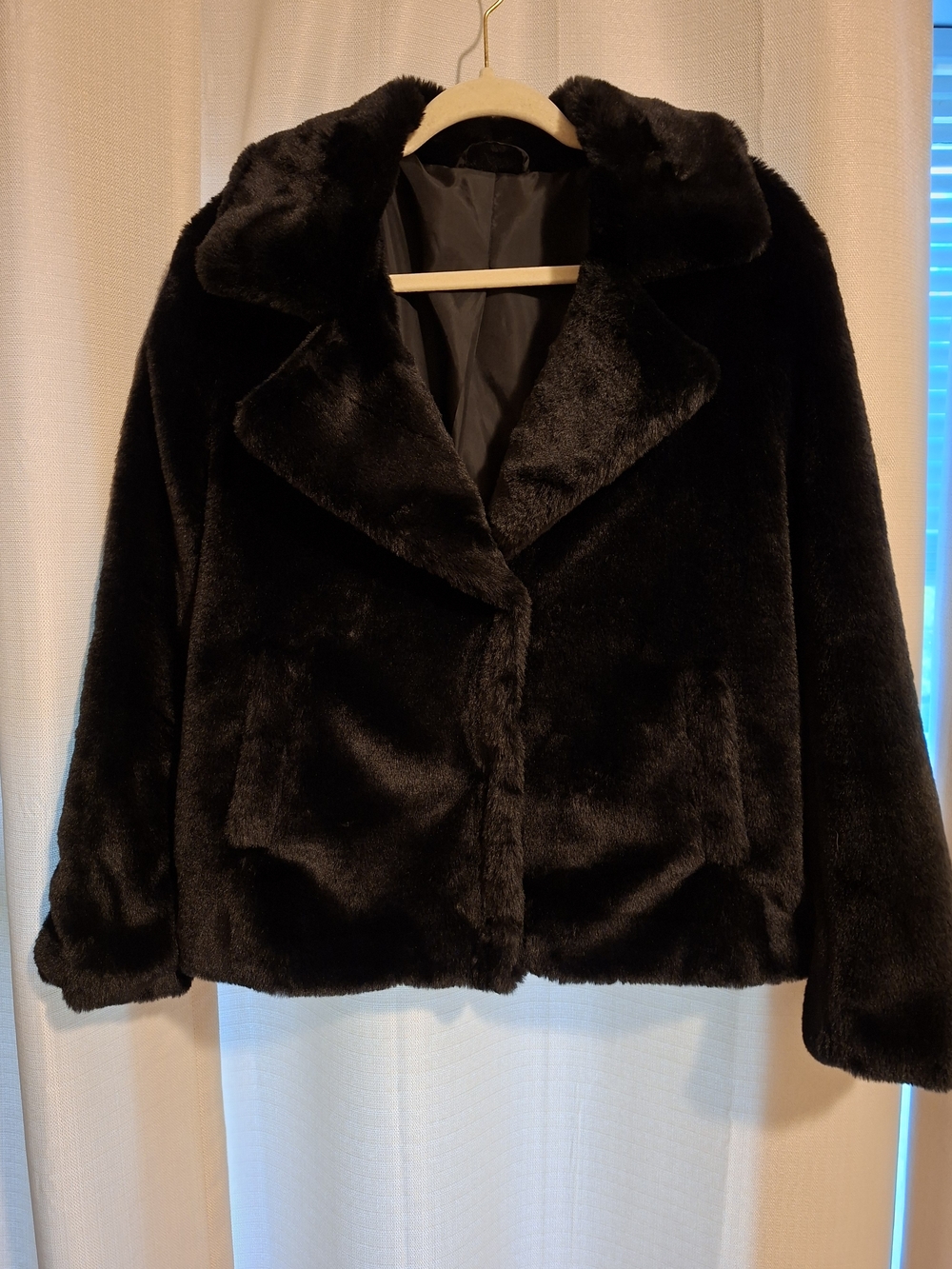 Plush Black Teddy Jacket - Faux Fur Women's Coat, Size M